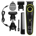 Black KM-696 rechargeable electric hair clipper set with stainless steel blades on a white background.