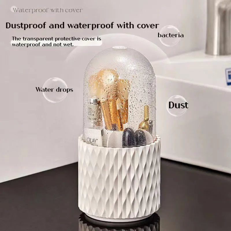White rotating transparent makeup brush storage organiser with dust cover on desktop