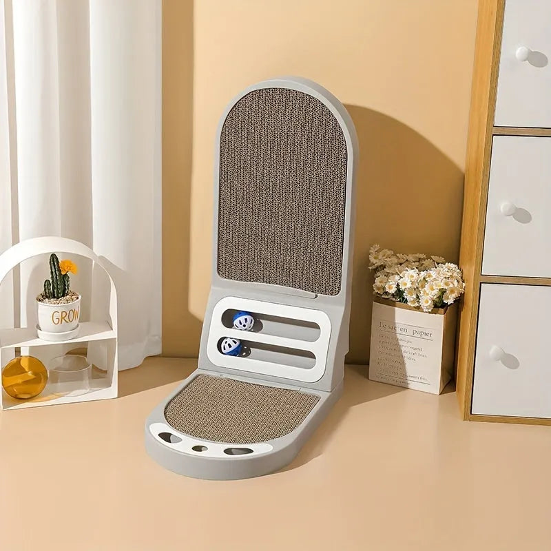 L-shape vertical cat scratching board in grey colour showing thickened scratch-resistant construction