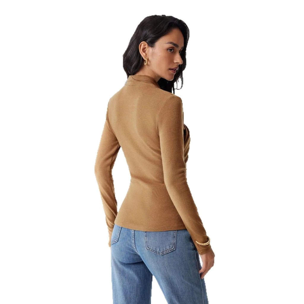 Camel coloured slim fit women's pullover sweater with long sleeves on hanger