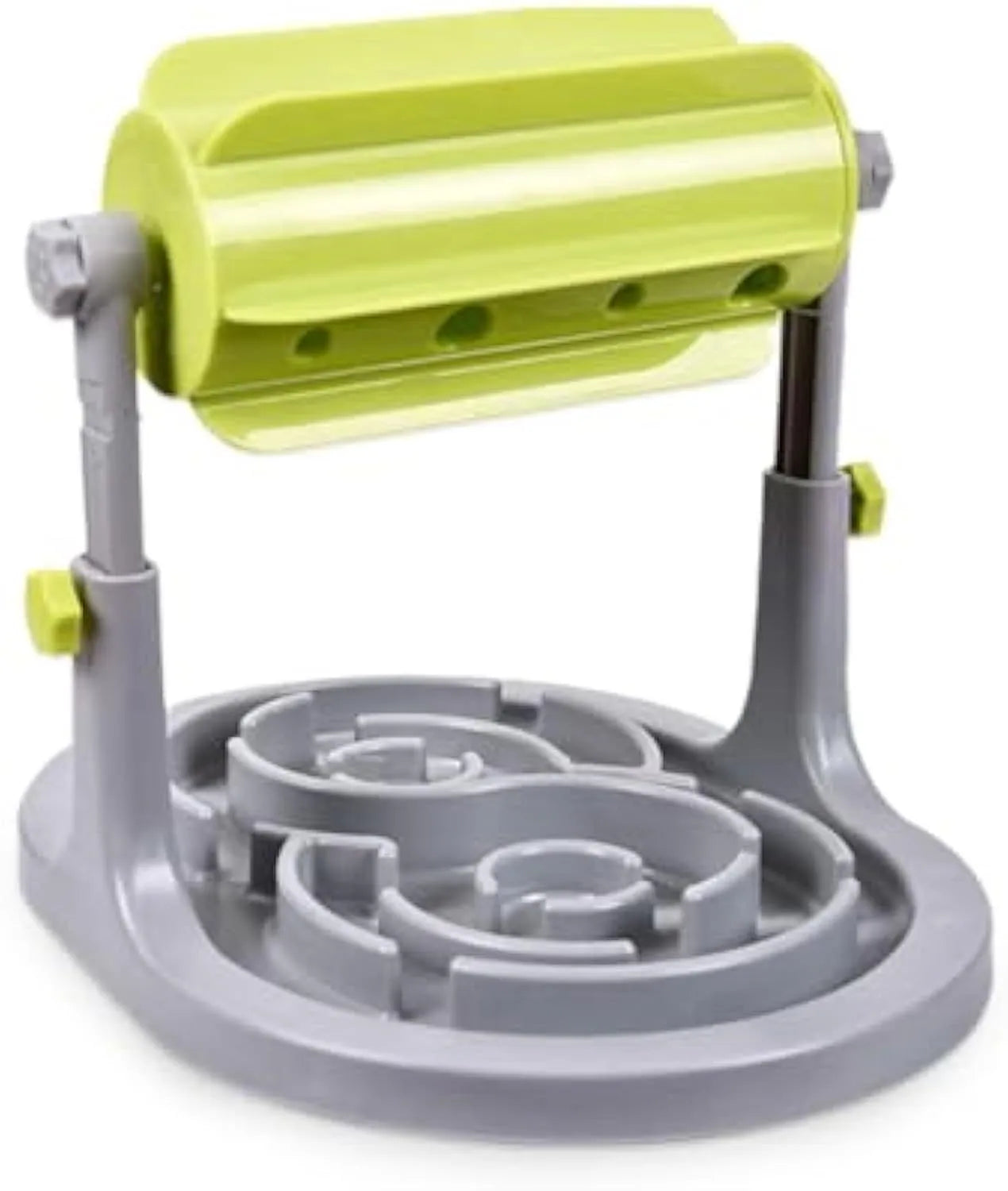Interactive pet food puzzle toy with adjustable height in blue, green, and pink colours