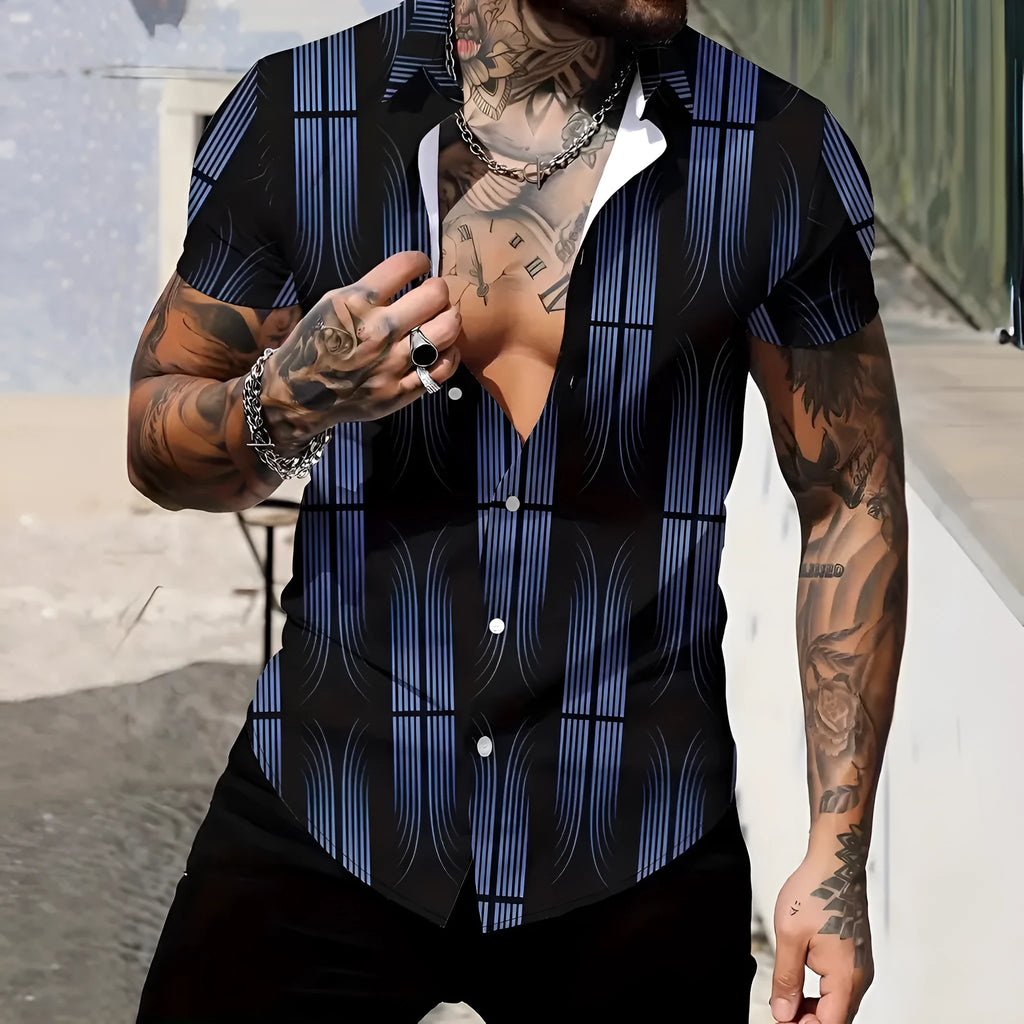 Men's slim fit geometric print short sleeve polyester shirt laid flat, showing lapel and cardigan style.