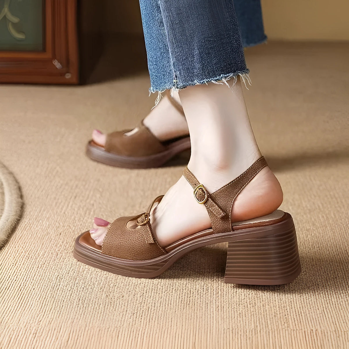 Women's open toe square toe retro platform sandals in beige colour with rubber sole