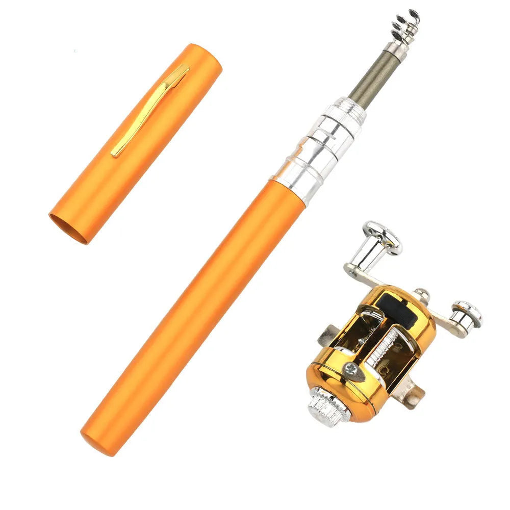 Portable telescopic fishing rod kit with reel in aluminium pen case, shown collapsed and extended.