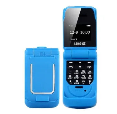 A closed mini flip phone in rose red, showing its compact clamshell design.