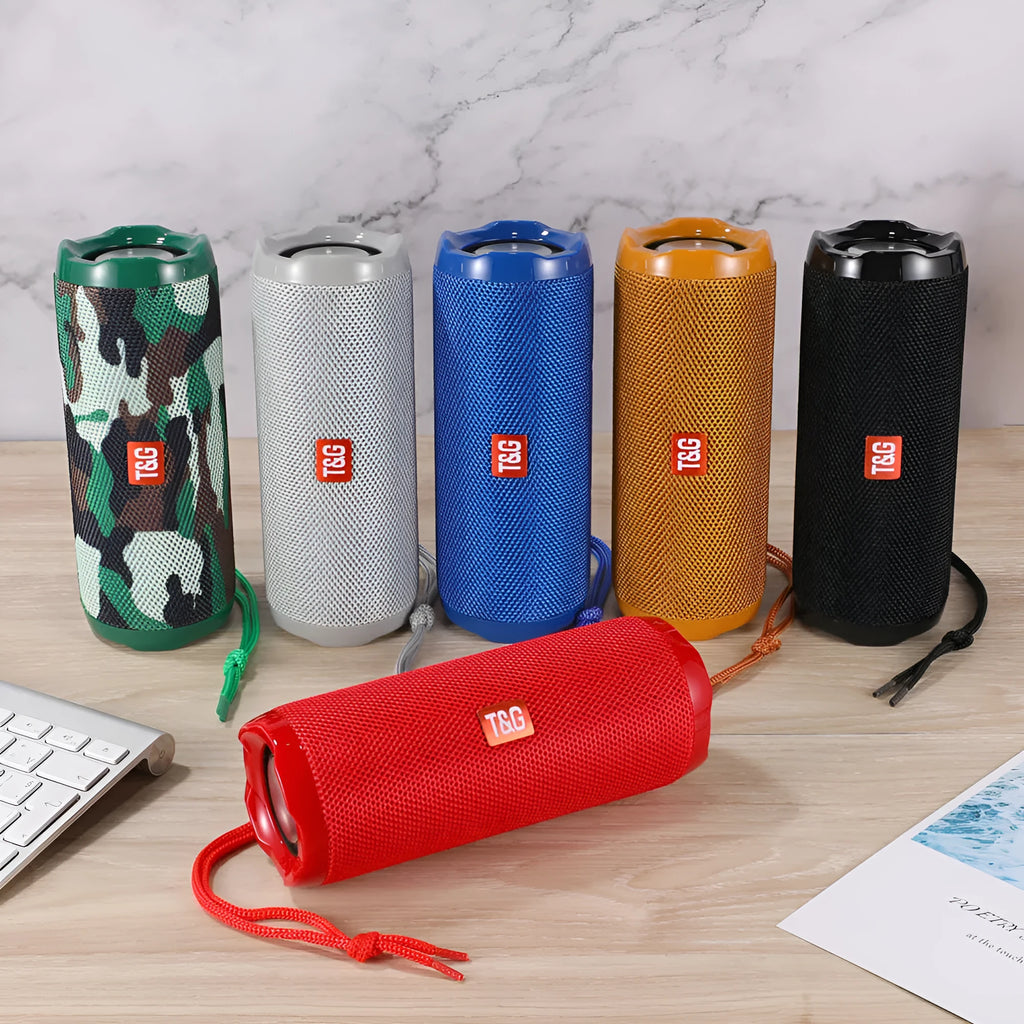 Fabric portable wireless Bluetooth speaker with card holder in multiple colour options showing dimensions