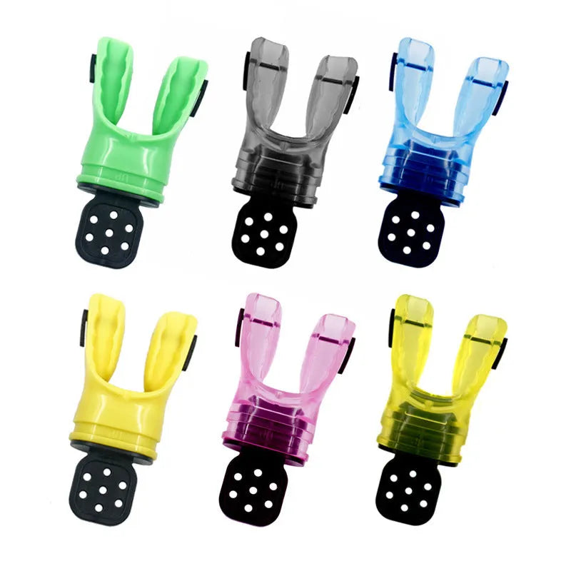 A plastic free edible silicone diving mouthpiece in various colours including black, blue, and pink, showing the 110mm length and bite piece.