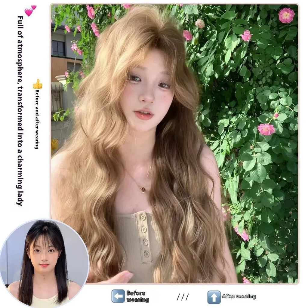 Linen brown medium-length curly synthetic wig on a display stand.