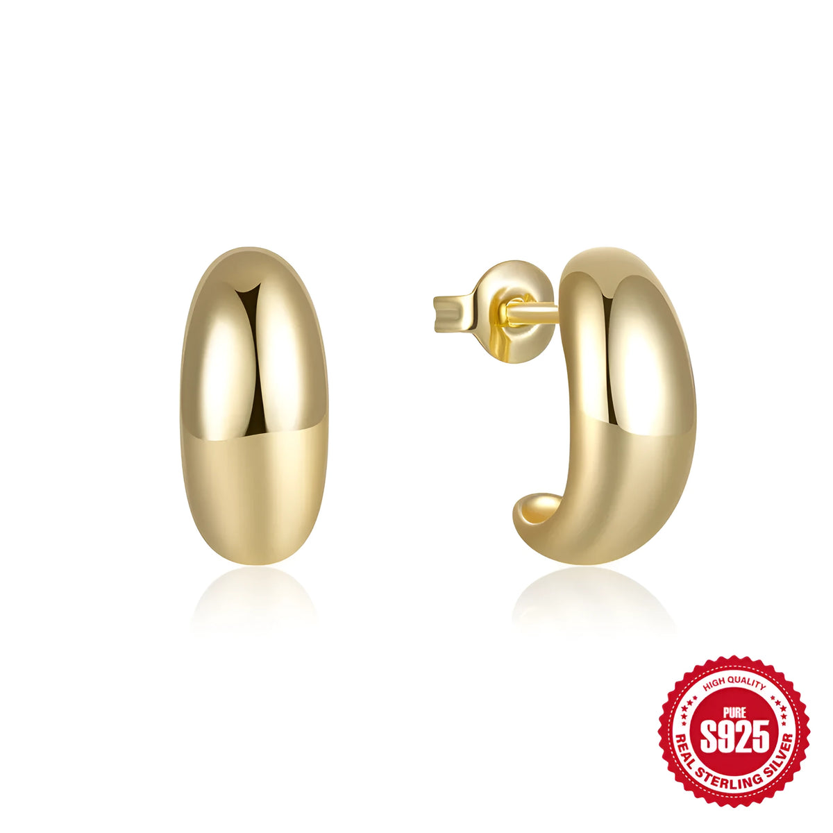 Sterling silver C-shaped stud earrings with glossy electroplated finish in geometric ring design