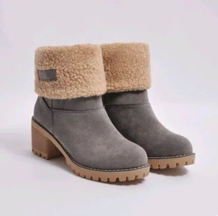 Women's suede mid-tube snow boots in black with a low heel and round toe