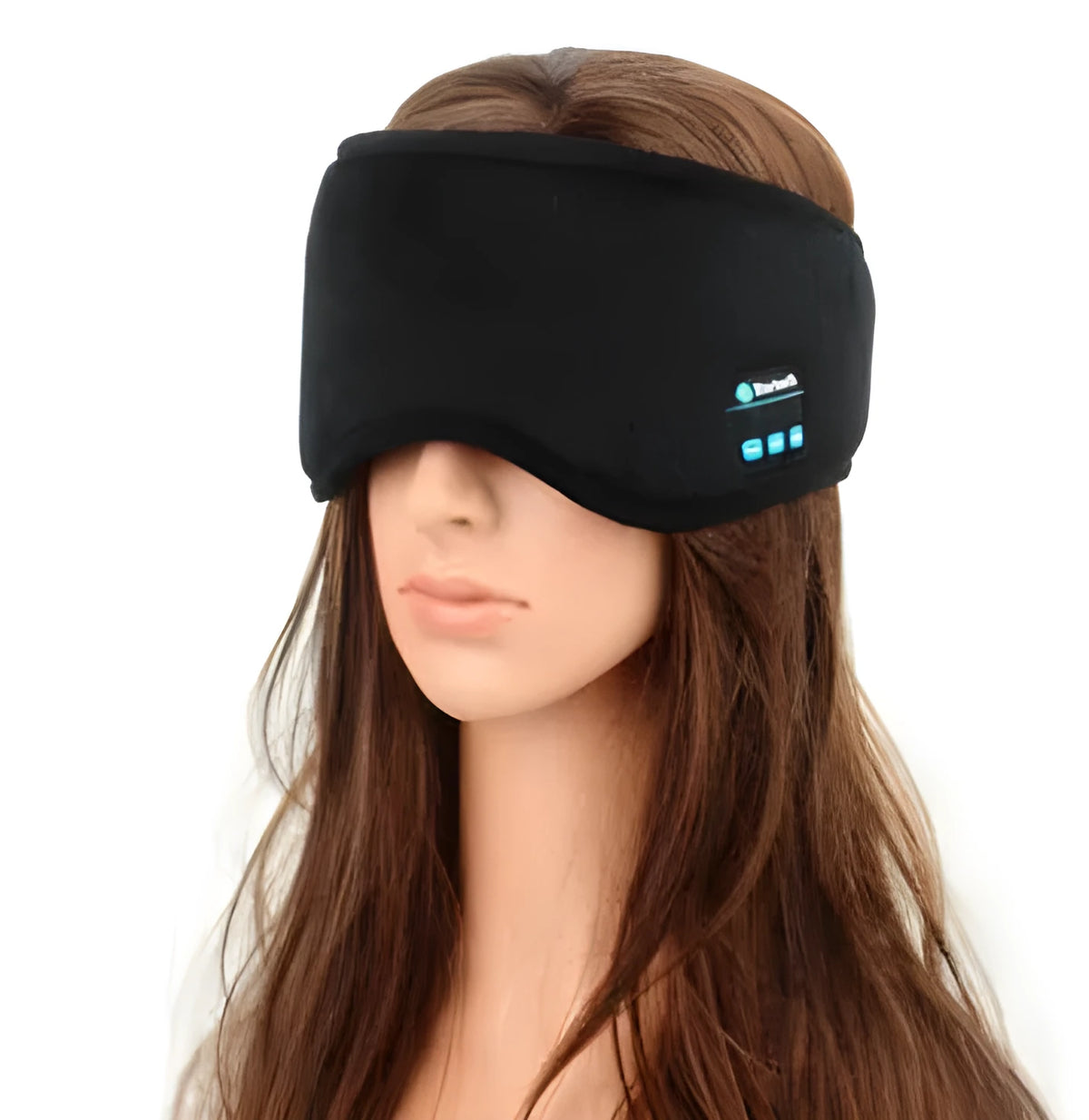Black Bluetooth sleep mask with built-in speakers showing soft fabric construction and streamlined design