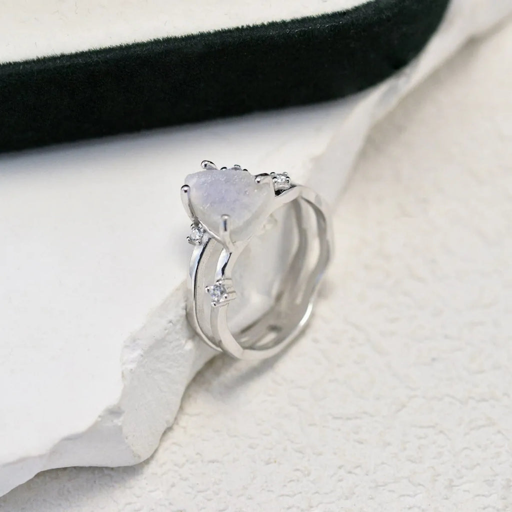 S925 silver geometric ring with triangular moonstone setting in rose gold, white gold or yellow gold finish