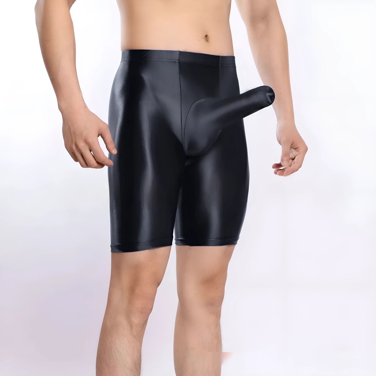 Men's plus size shiny nylon sports shorts in nine colours including fluorescent green and black.