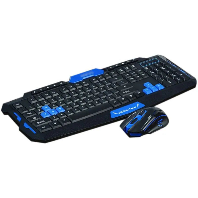 Black and blue wireless keyboard and mouse set with multimedia keys and DPI adjustment