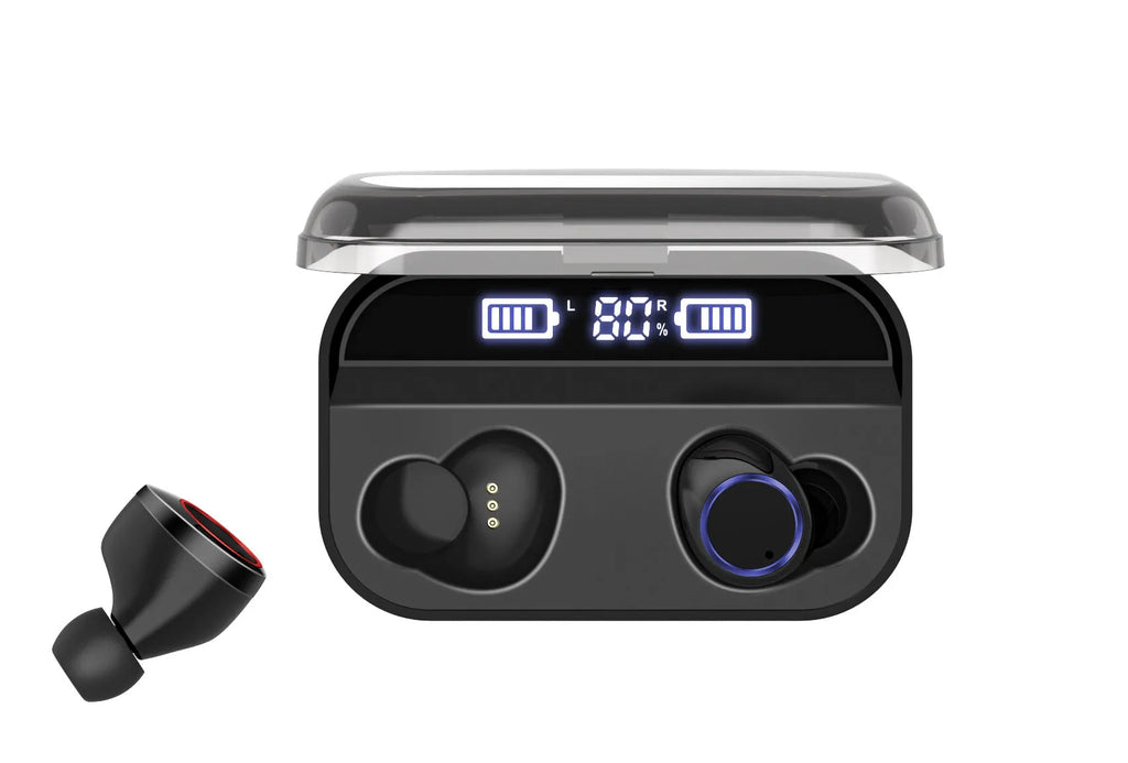 Black X11 Bluetooth wireless earbuds with charging case and silicone ear tips