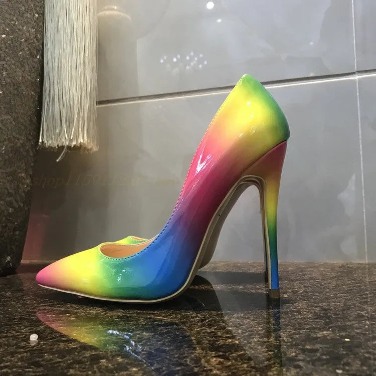 Rainbow colour gradient patent leather women's ultra-high heel shoes with pointed toe and thin heel