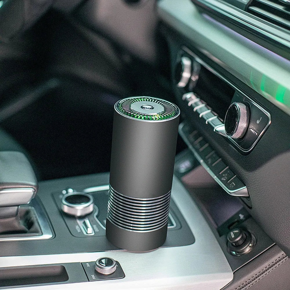 Compact car indoor wireless air purifier in aluminium alloy and ABS construction with negative ion generator