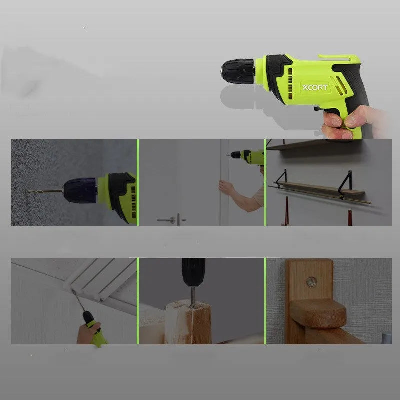 Pistol-grip style 450W electric power drill with variable speed control on a workbench.