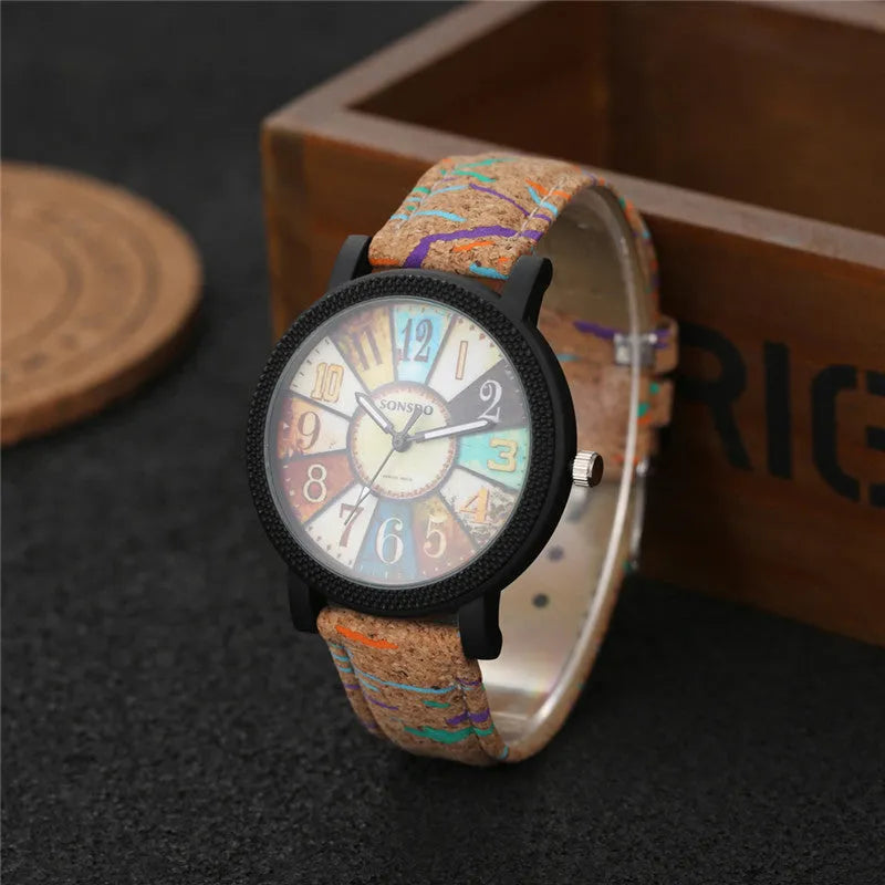 Women's vintage quartz wrist watch with brown leather strap and 37mm round dial
