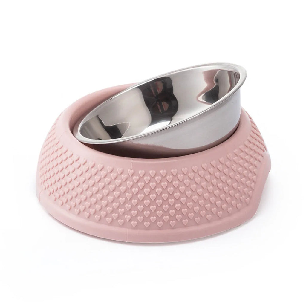 Blue stainless steel pet feeder with four bowls and a non-slip rubber base on a wooden floor.