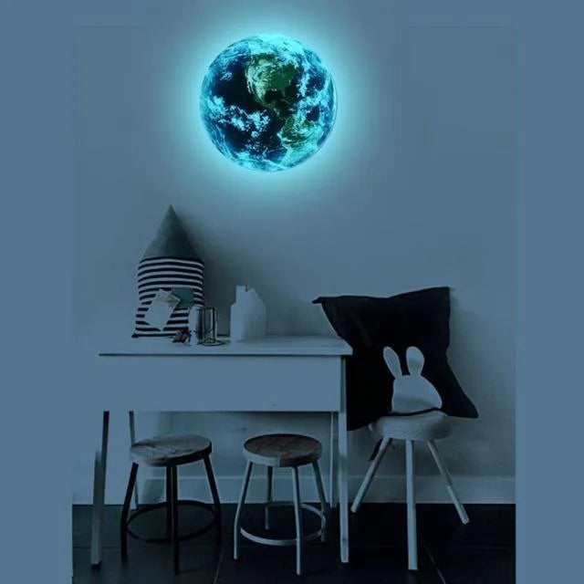 Glow in the dark 3D Earth planet wall sticker on a blue background