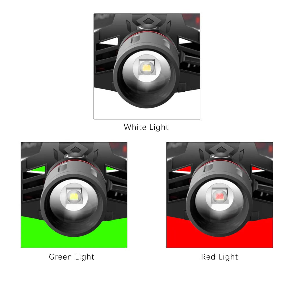 T6 LED zoom headlamp showing white, red, and green light options with adjustable focus and USB charger