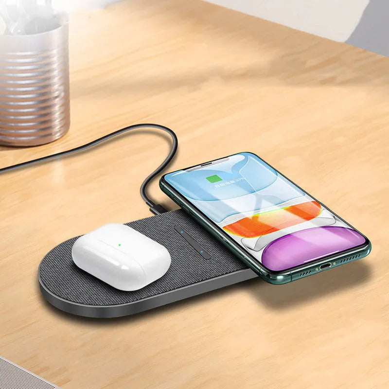 Black dual wireless charging station with two charging pads and Type-C USB cable