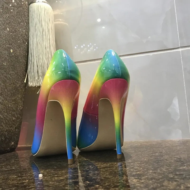 Rainbow colour gradient patent leather women's ultra-high heel shoes with pointed toe and thin heel
