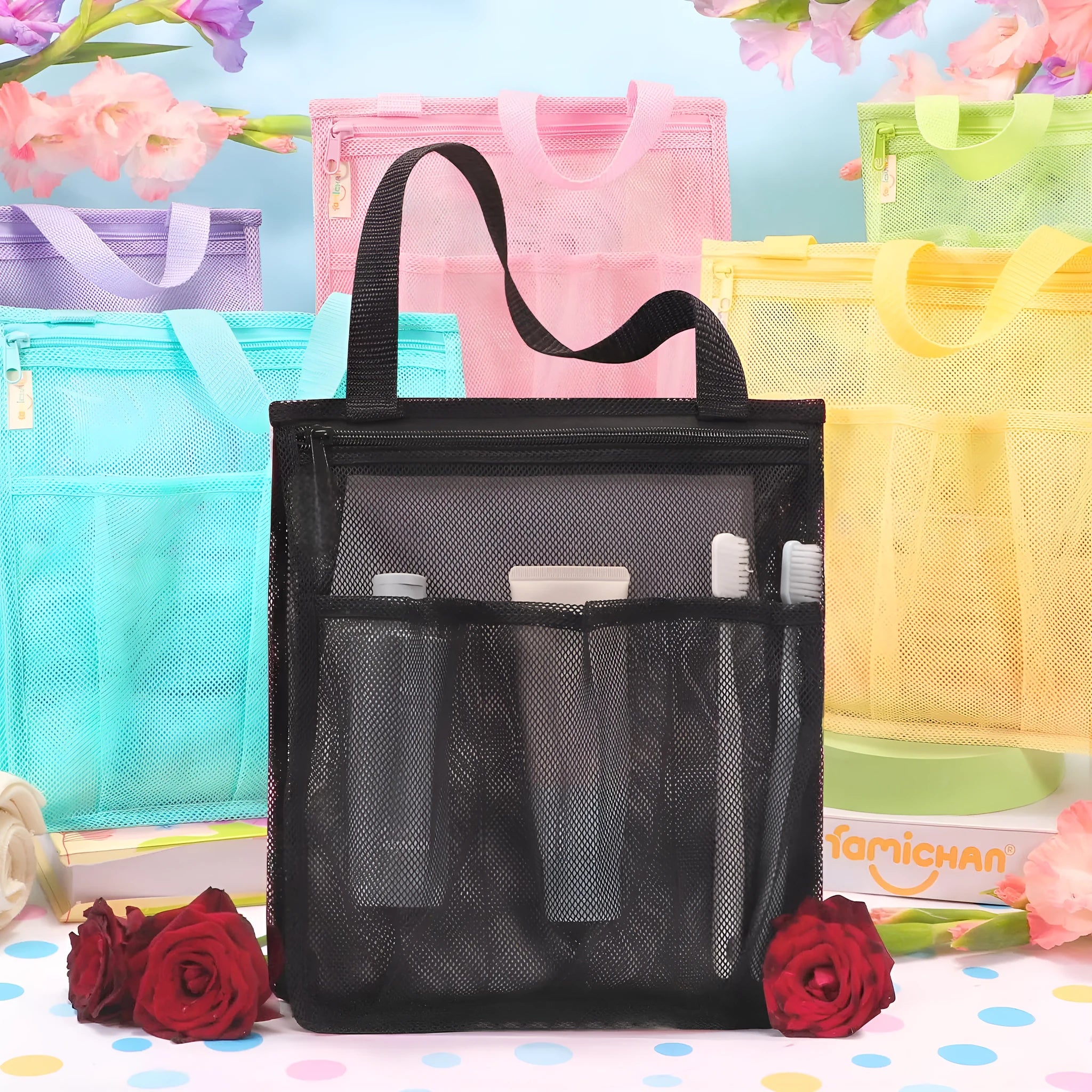 Large black swimming gym bag with mesh pockets and separate wet and dry compartments.