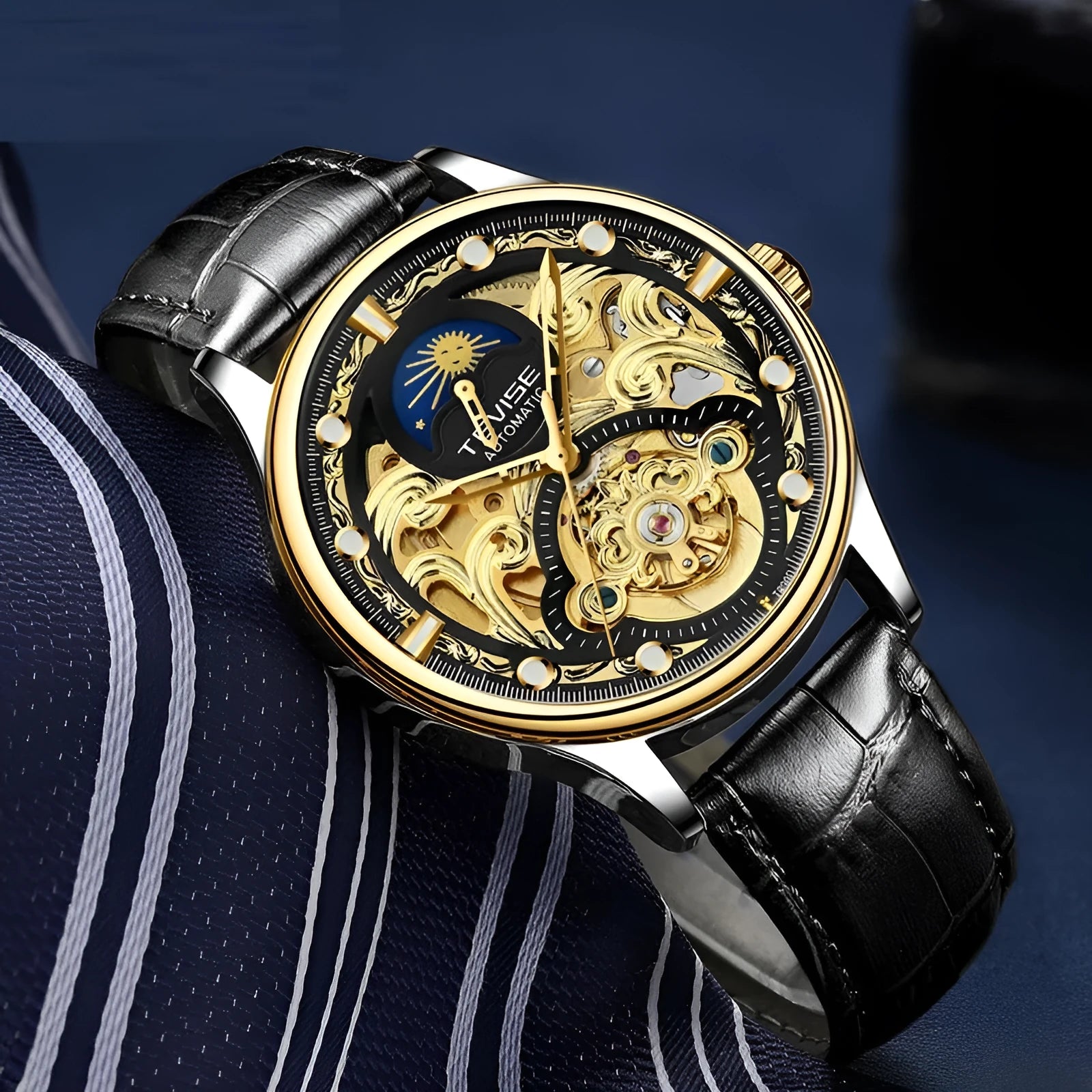 Men's automatic mechanical watch with leather strap in gold or white colours showing 16mm thickness