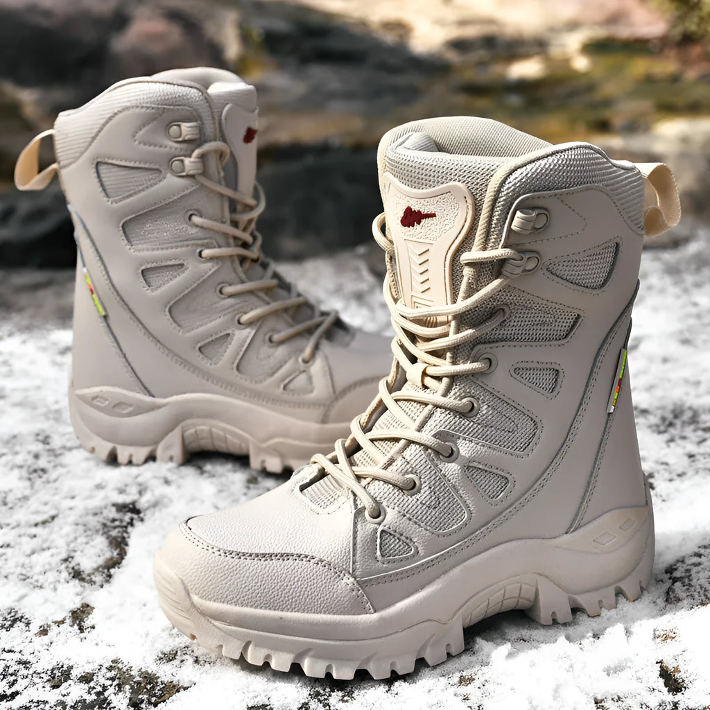 Cowhide leather hi-top hiking shoes for outdoor activities in beige colour