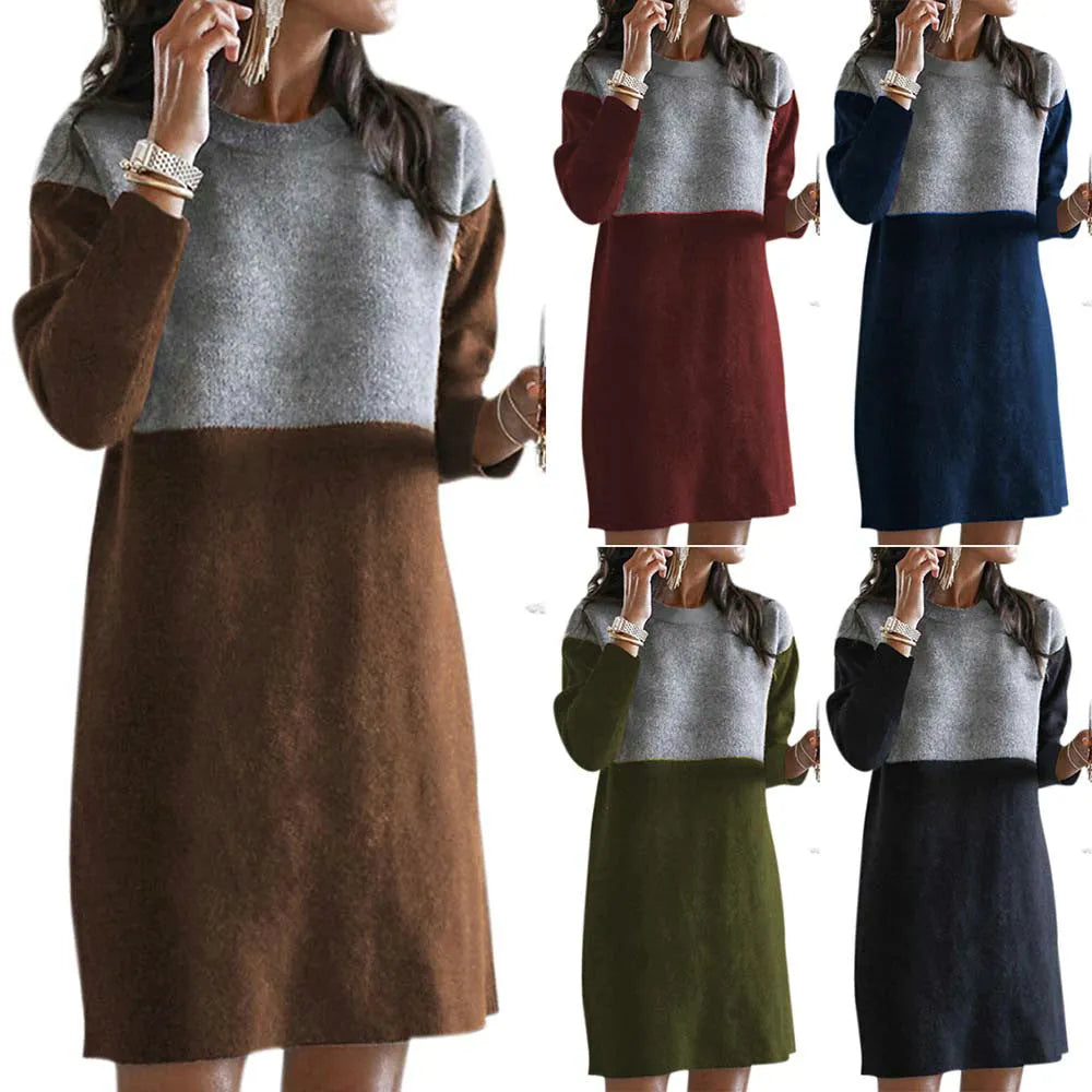 Brown women's art retro patchwork sweater dress with princess cut silhouette and long sleeves