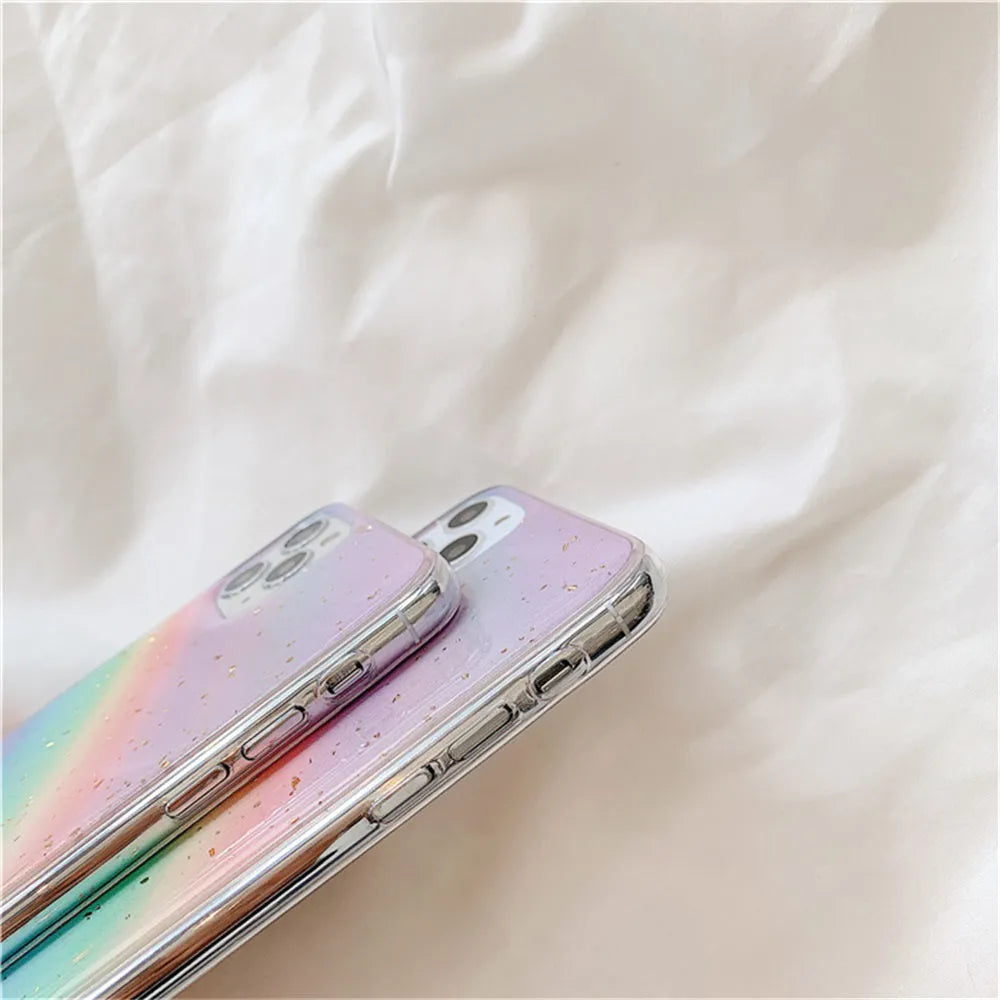 Rainbow gradient striped TPU phone case for iPhone models with anime-inspired design