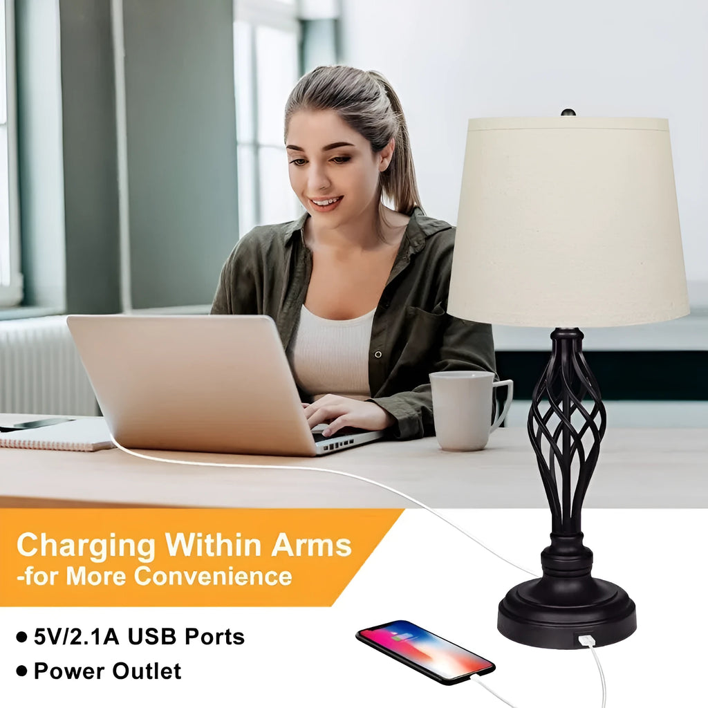 European style alloy touch sensing bedside table lamp with dimmable cold and warm light and a USB charging socket.