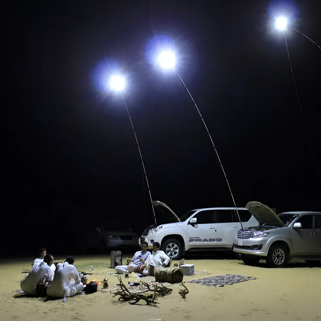 White LED fishing rod light on a telescopic pole with a remote control, showing the 120x95mm panel.