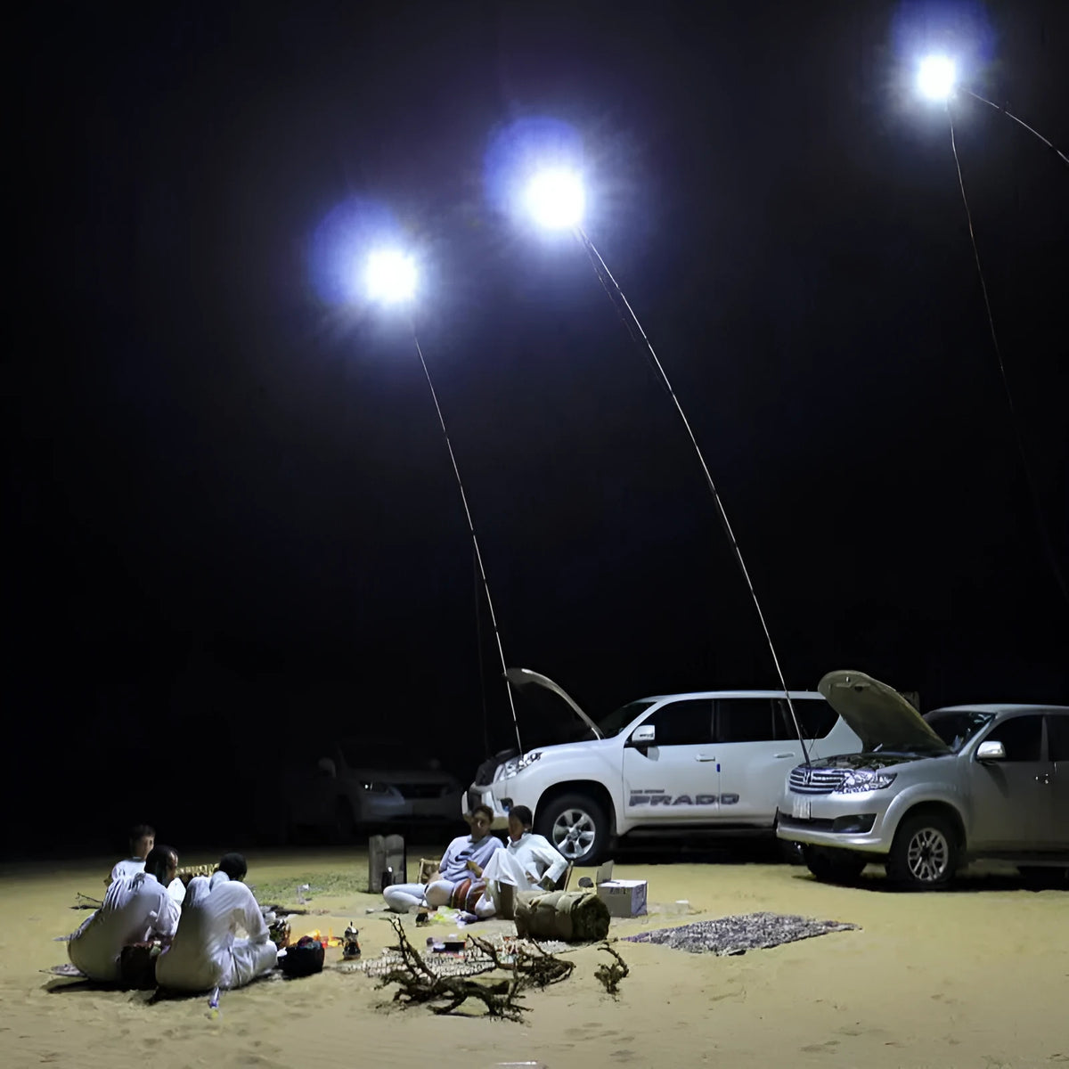 White LED fishing rod light on a telescopic pole with a remote control, showing the 120x95mm panel.