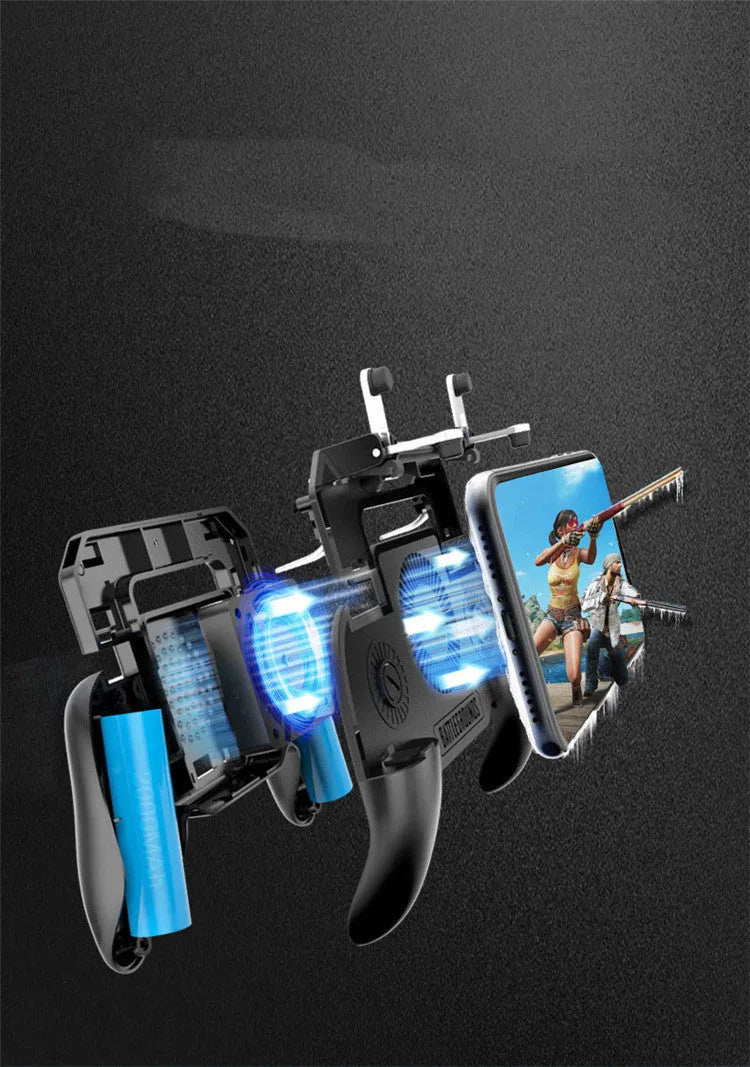Black mobile phone game controller with USB connector and aluminium alloy frame attached to a smartphone.