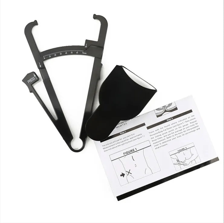 Black ABS plastic body fat measuring calliper with measurement scale and pinch mechanism