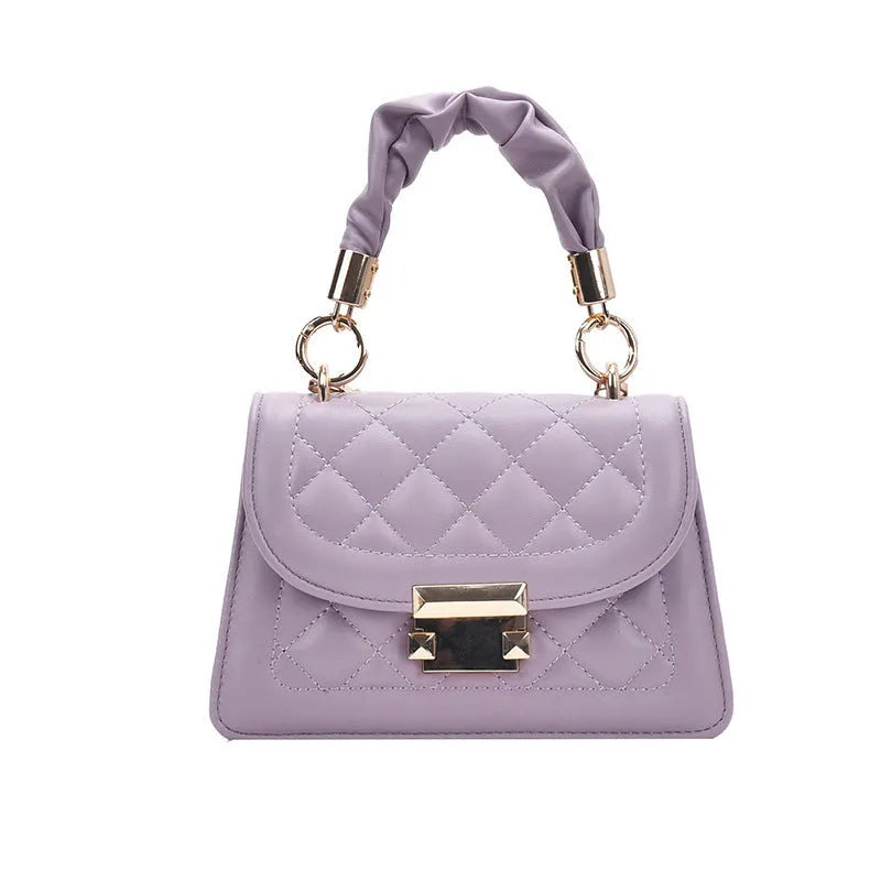 Women's purple PU fabric small square shoulder bag with 112cm strap showing rhombus shape and compact dimensions