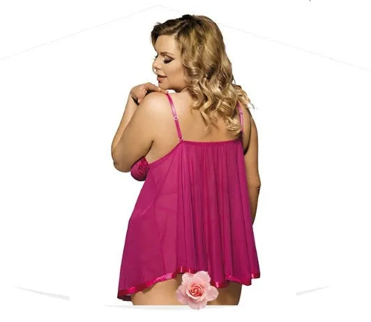 Plus size women's sleepdress with mesh panels and lace detailing in black, available in sizes up to 6XL
