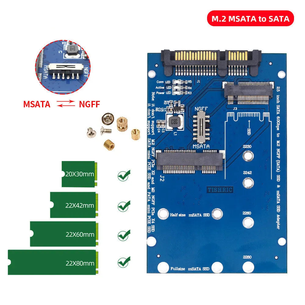 SATA3 to M.2 and mSATA SSD adapter conversion card on a blue printed circuit board.