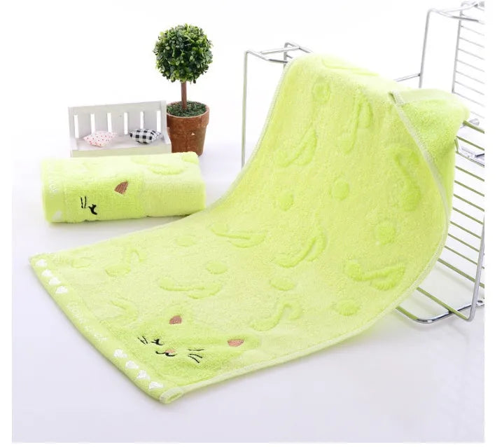 Bamboo fibre and cotton kitten face towel, 25 x 50 cm, shown in blue, green, pink or yellow