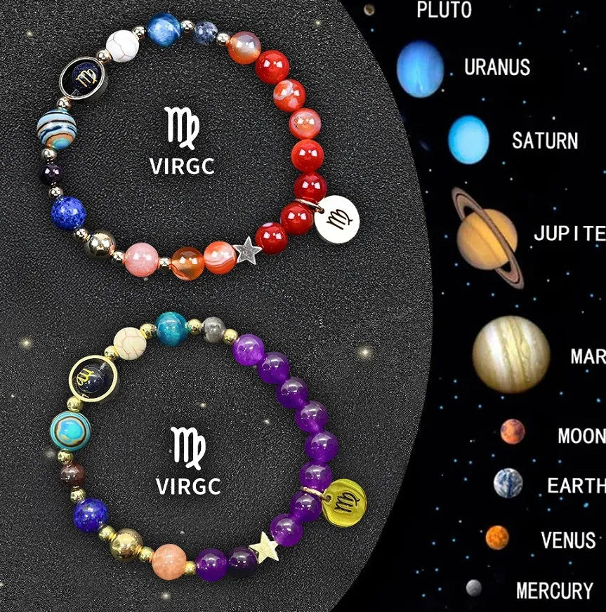 Two natural stone beaded bracelets on an adjustable cord, representing a zodiac sign set.
