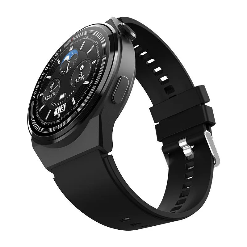 Black Bluetooth Call Smartwatch with 1.39 inch tempered glass screen and NFC payment feature showing blood sugar monitor interface