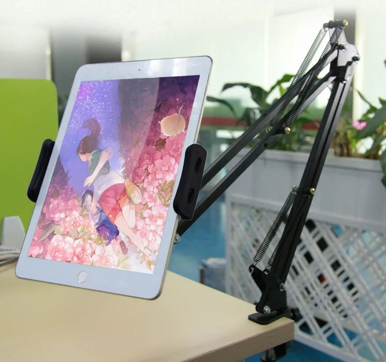 Adjustable black phone tablet stand holding mobile device at eye level