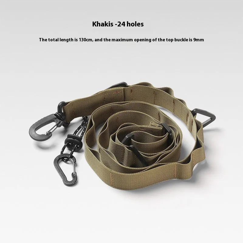 Outdoor hanging storage belt with aluminium hooks and 130cm polyester strap in black colour