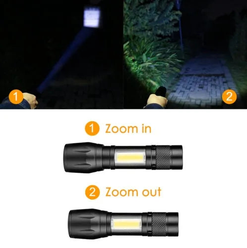 Small black aluminium telescopic LED torch with pocket clip shown extended and retracted.