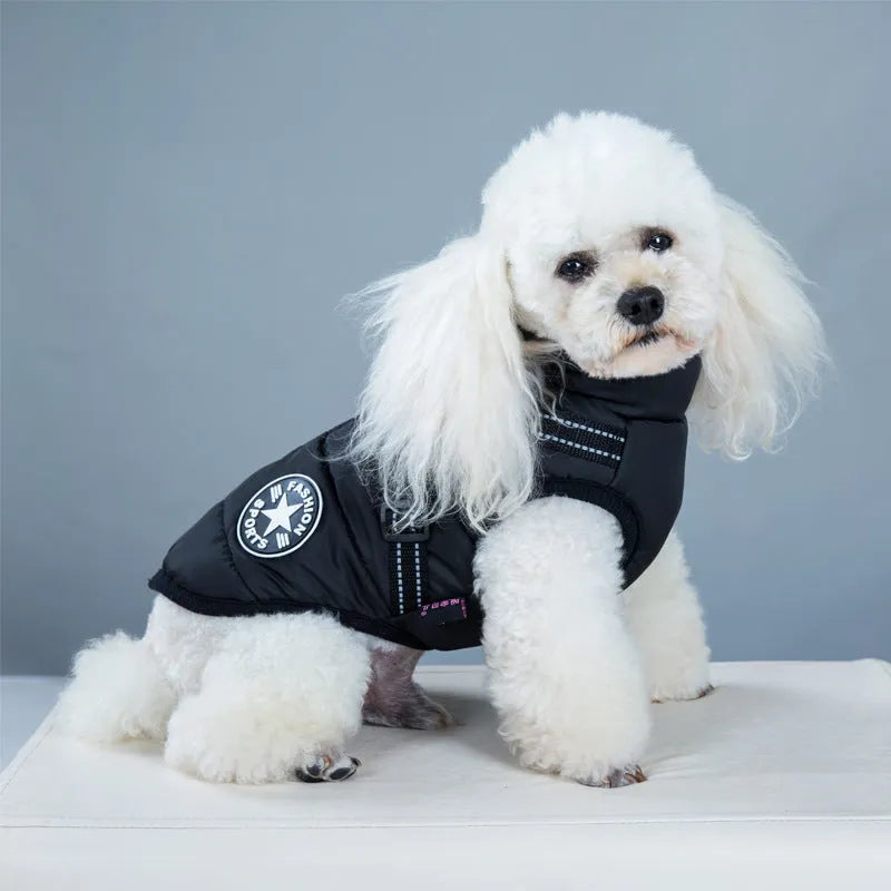 Waterproof dog coat with built-in harness in red, navy blue or army green colours