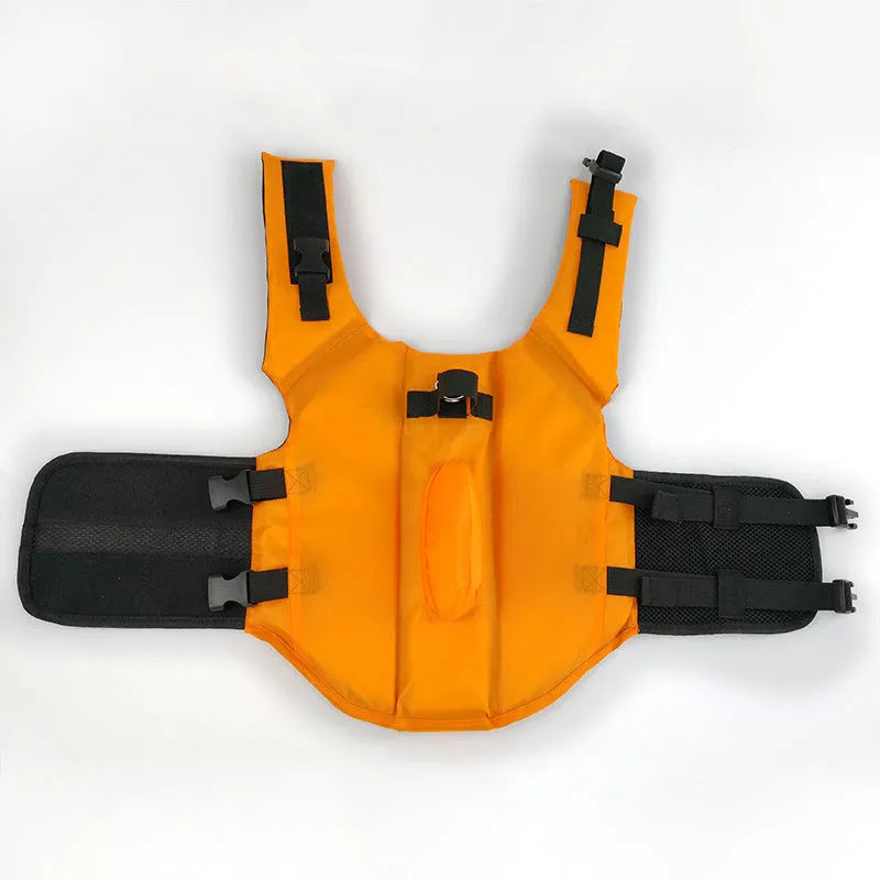 Shark-shaped dog life vest in blue or orange, cloth pet life jacket with buckle, sizes XS to XXL.