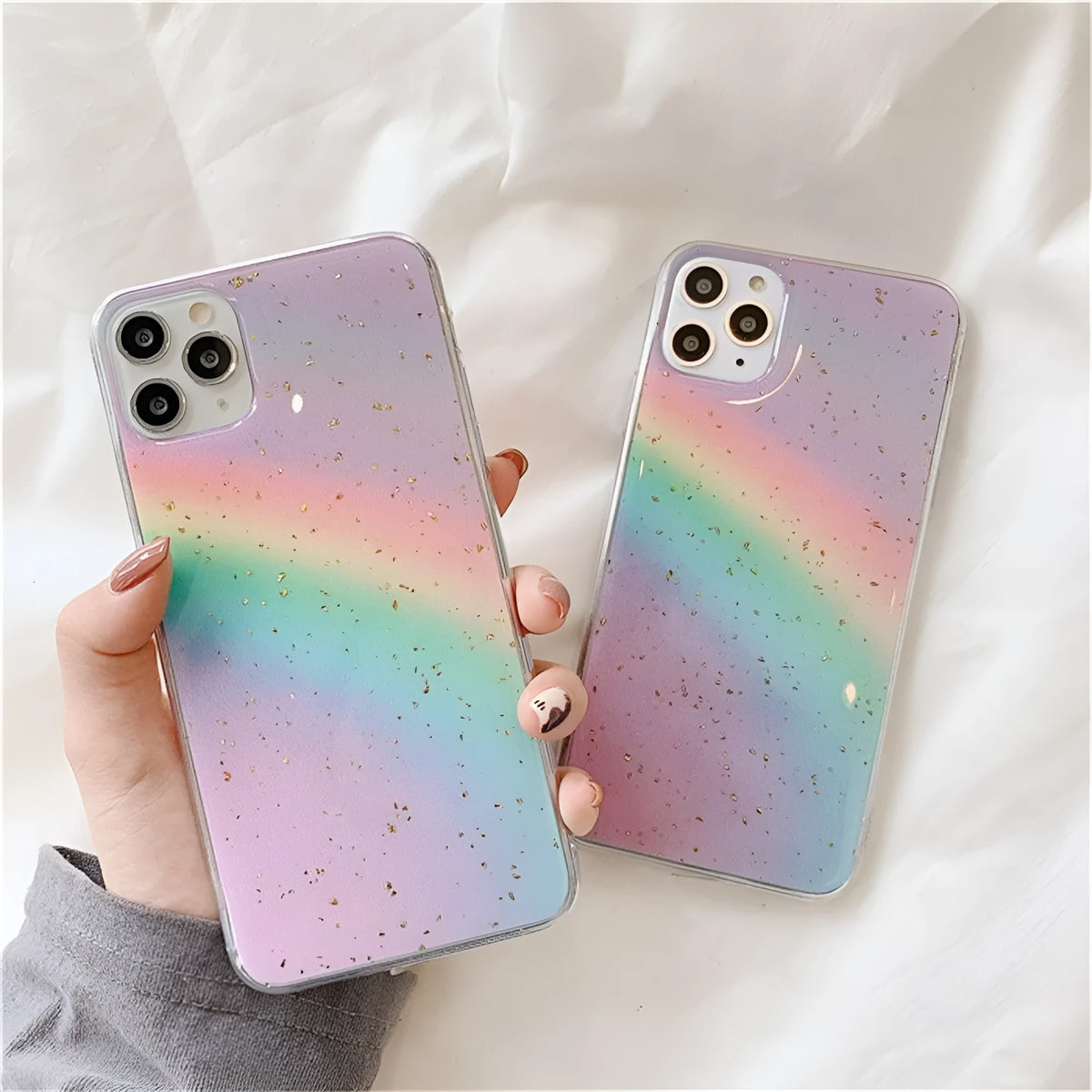 Rainbow gradient striped TPU phone case for iPhone models with anime-inspired design